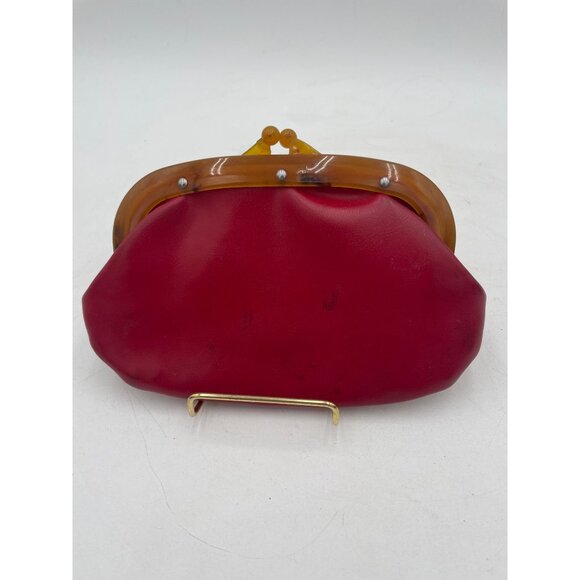 Vintage Red Leather Kiss Lock Clutch Purse Lucite Amber Frame & Black Lining - Picture 1 of 5